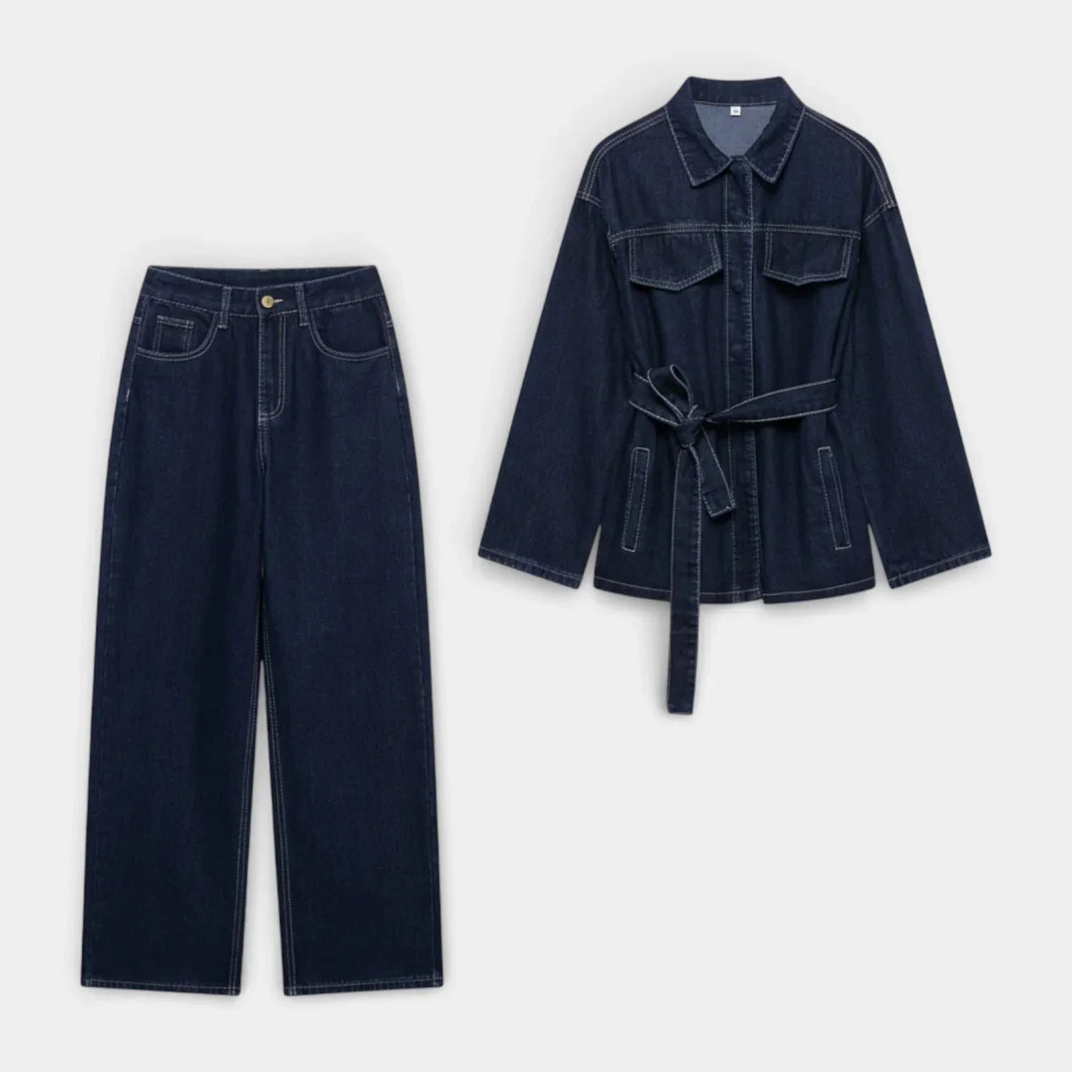 Dara Women's Denim Two-Piece Set | Button Front Jacket and Straight Jeans 1