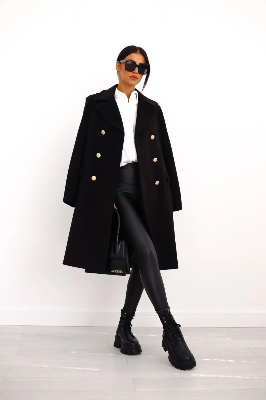 Dara Women's Long Coat | Double-Breasted Gold Buttons, Notched Lapels 0