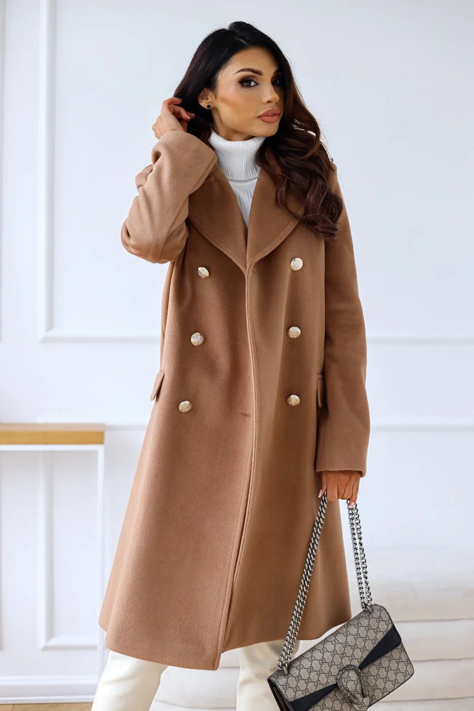 Dara Women's Long Coat | Double-Breasted Gold Buttons, Notched Lapels 1