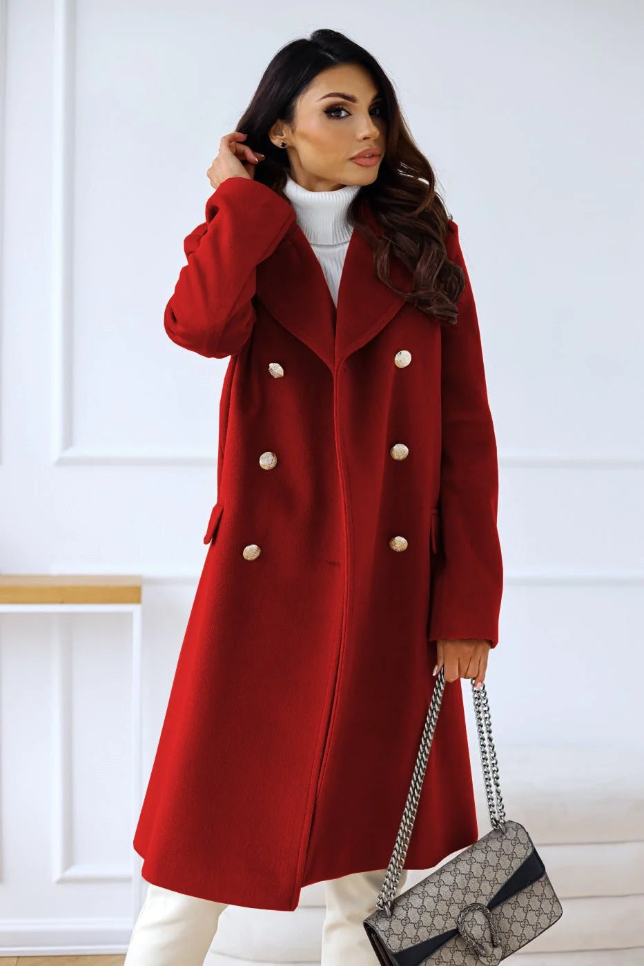 Dara Women's Long Coat | Double-Breasted Gold Buttons, Notched Lapels 4