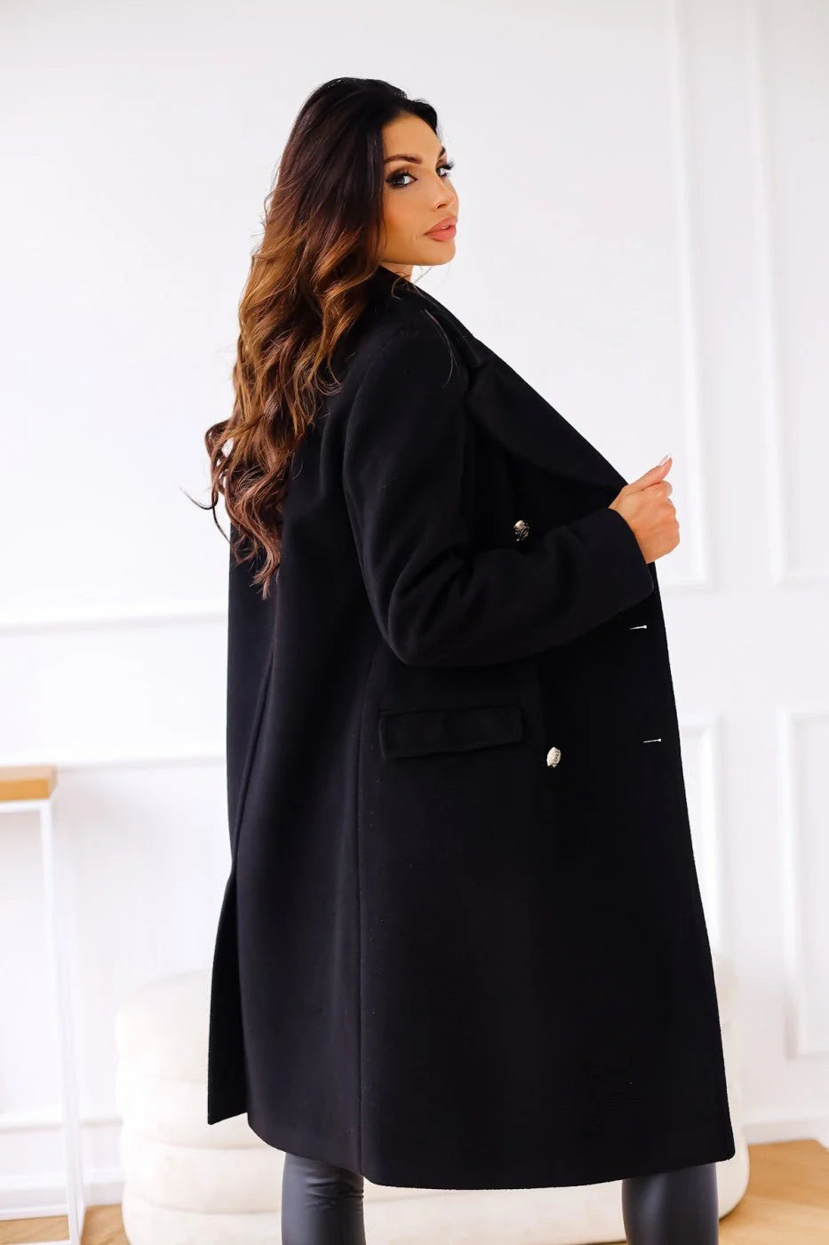 Dara Women's Long Coat | Double-Breasted Gold Buttons, Notched Lapels 7
