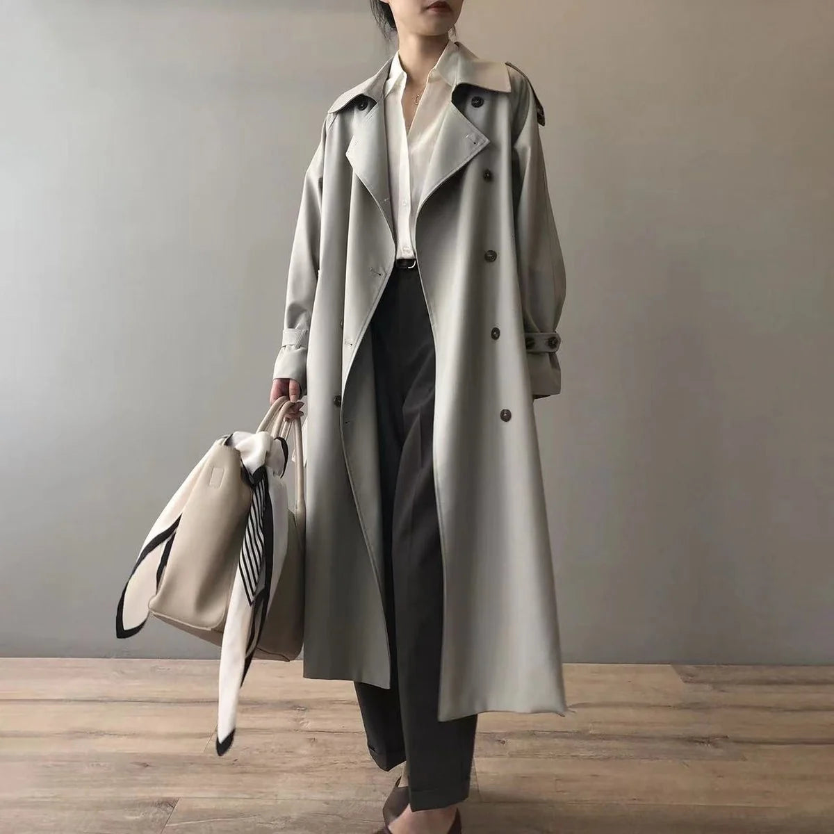 Dara Women's Long Trench Coat | Double-Breasted, Notched Collar 1