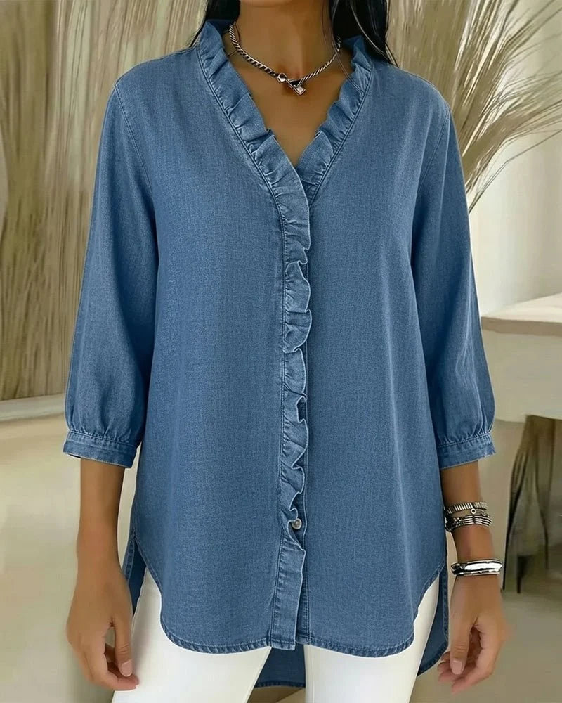 Darla Women's Denim Blouse | V Neck, Ruffled Button Placket 0