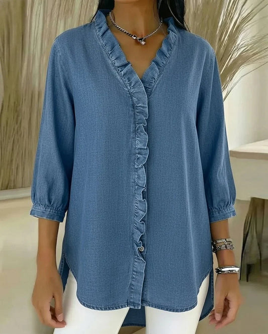 Darla Women's Denim Blouse | V Neck, Ruffled Button Placket 0