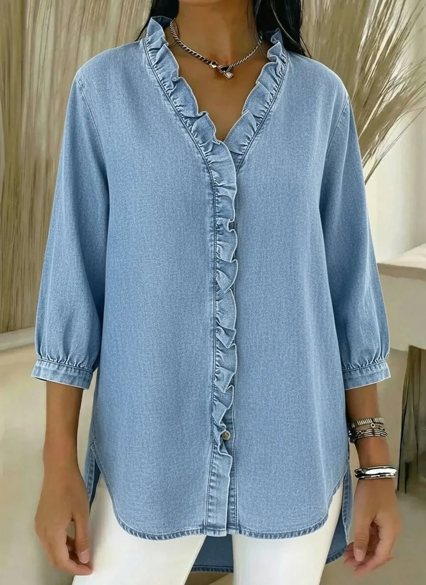 Darla Women's Denim Blouse | V Neck, Ruffled Button Placket 1