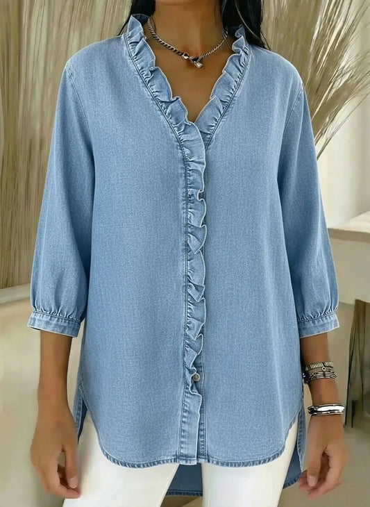 Darla Women's Denim Blouse | V Neck, Ruffled Button Placket 1