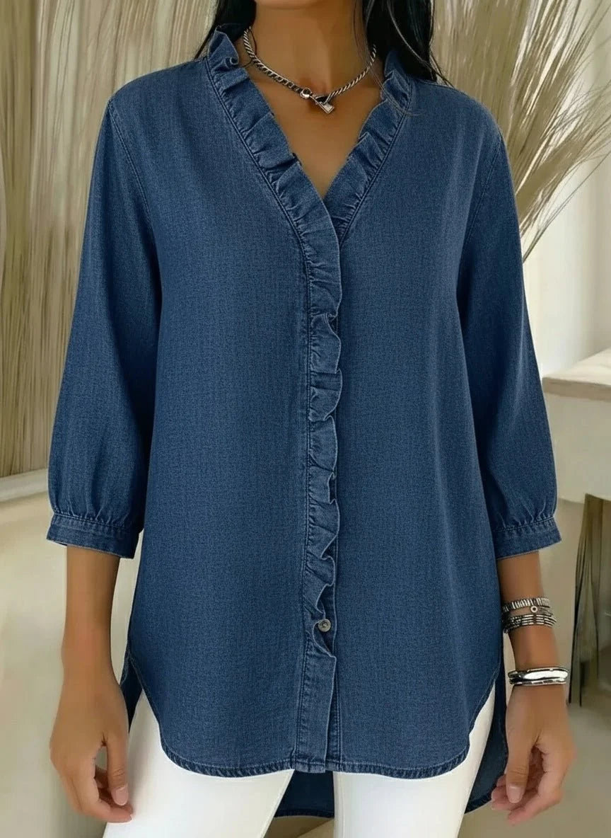 Darla Women's Denim Blouse | V Neck, Ruffled Button Placket 2