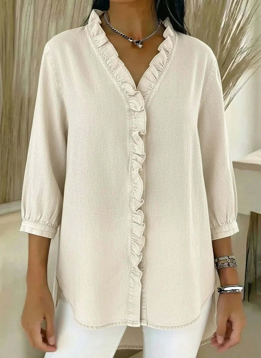 Darla Women's Denim Blouse | V Neck, Ruffled Button Placket 3