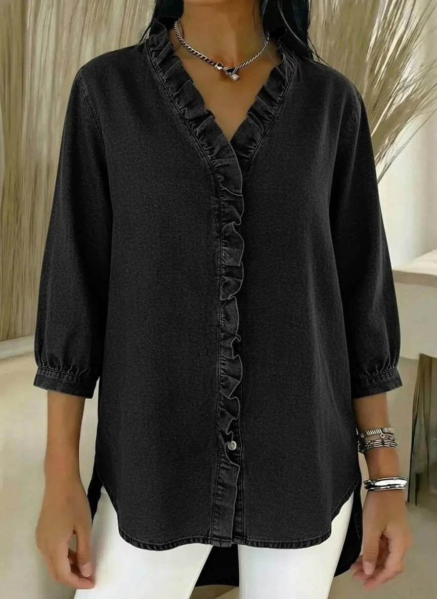 Darla Women's Denim Blouse | V Neck, Ruffled Button Placket 4