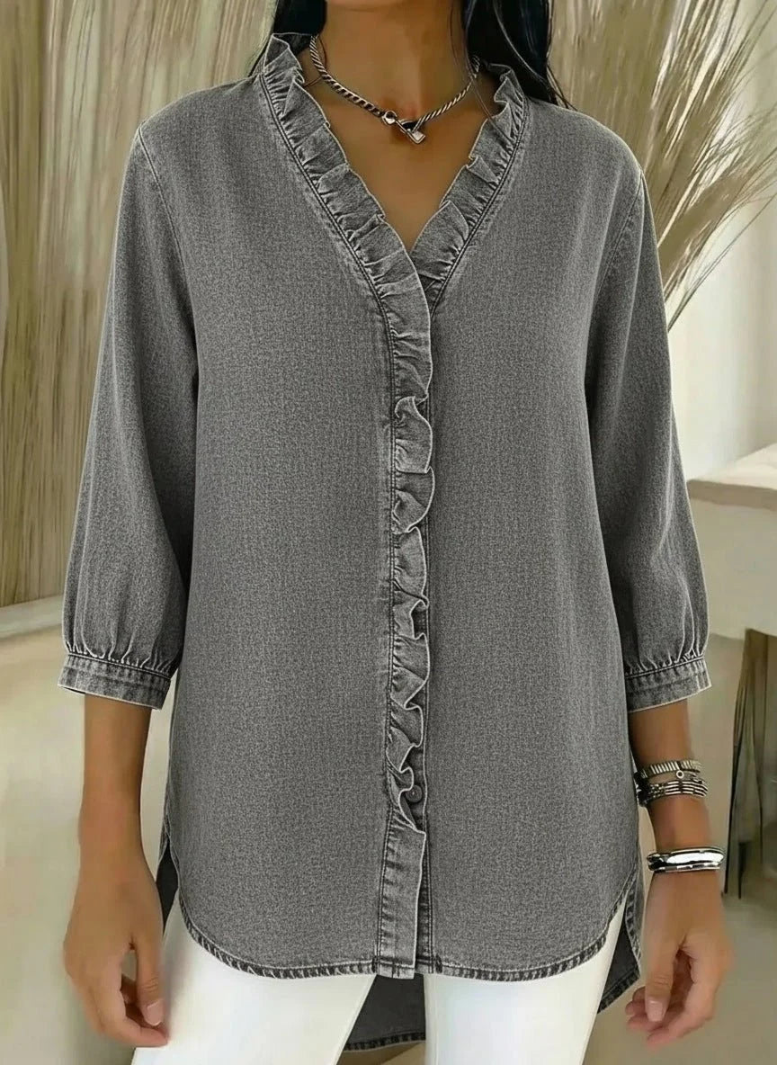 Darla Women's Denim Blouse | V Neck, Ruffled Button Placket 5