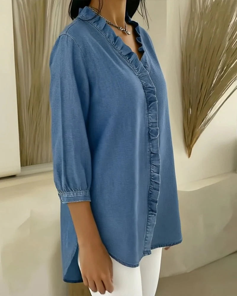 Darla Women's Denim Blouse | V Neck, Ruffled Button Placket 6