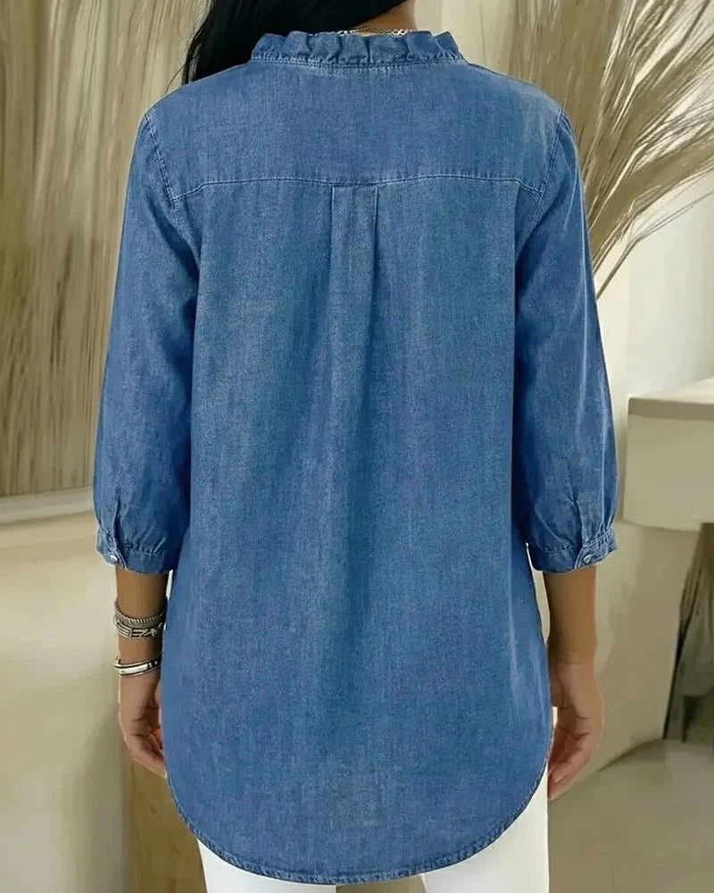 Darla Women's Denim Blouse | V Neck, Ruffled Button Placket 7