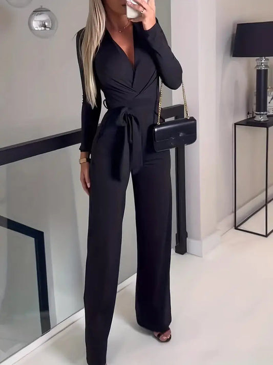 Elara Women's Jumpsuit | V-Neck, Wide-Leg with Waist Belt, Elegant Design 0