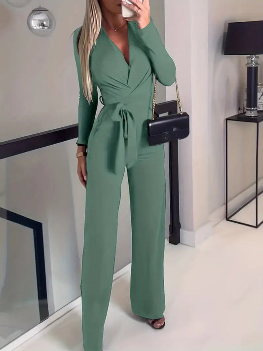 Elara Women's Jumpsuit | V-Neck, Wide-Leg with Waist Belt, Elegant Design 1