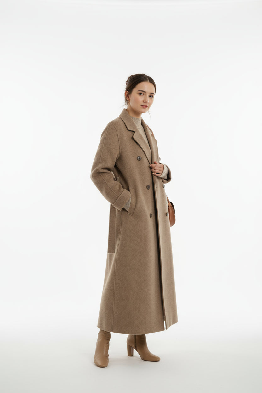 Elegant Long Winter Coat for Women with Double-Breasted Design and Ribbed Cuffs - Warm and Comfortable