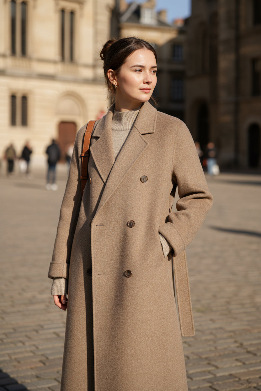 Elegant Long Winter Coat for Women with Double-Breasted Design and Ribbed Cuffs - Warm and Comfortable