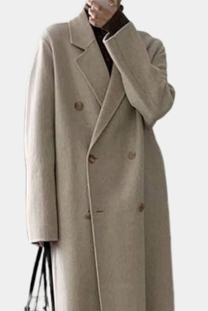 Elegant Long Winter Coat for Women with Double-Breasted Design and Ribbed Cuffs - Warm and Comfortable