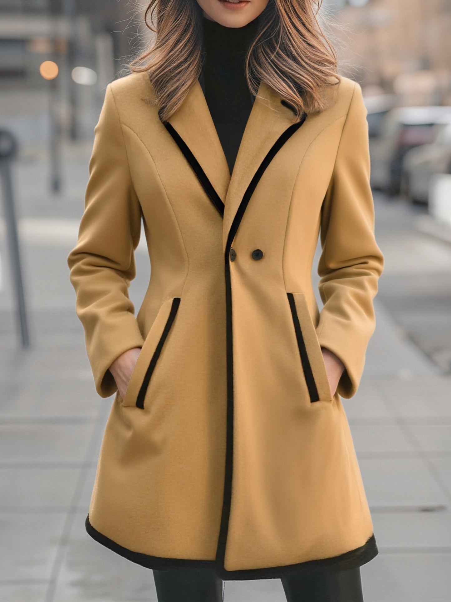 Elegant Long Winter Coat for Women with Black Details and Double Button Closure for Style and Comfort