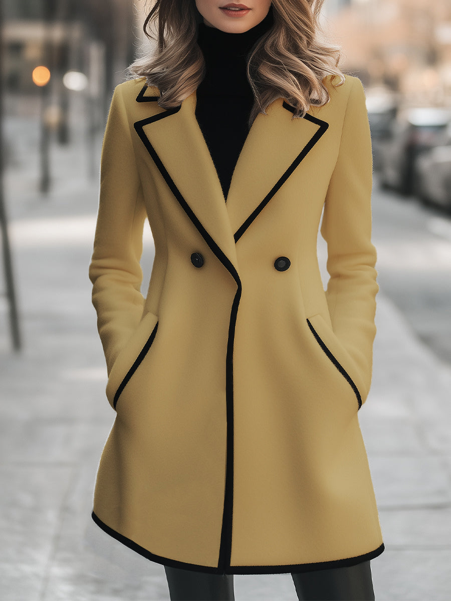 Elegant Long Winter Coat for Women with Black Details and Double Button Closure for Style and Comfort