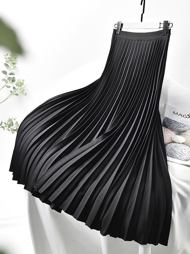 Evelyn Women's Black Pleated Midi Skirt | High Waist, Elegant Chic 1