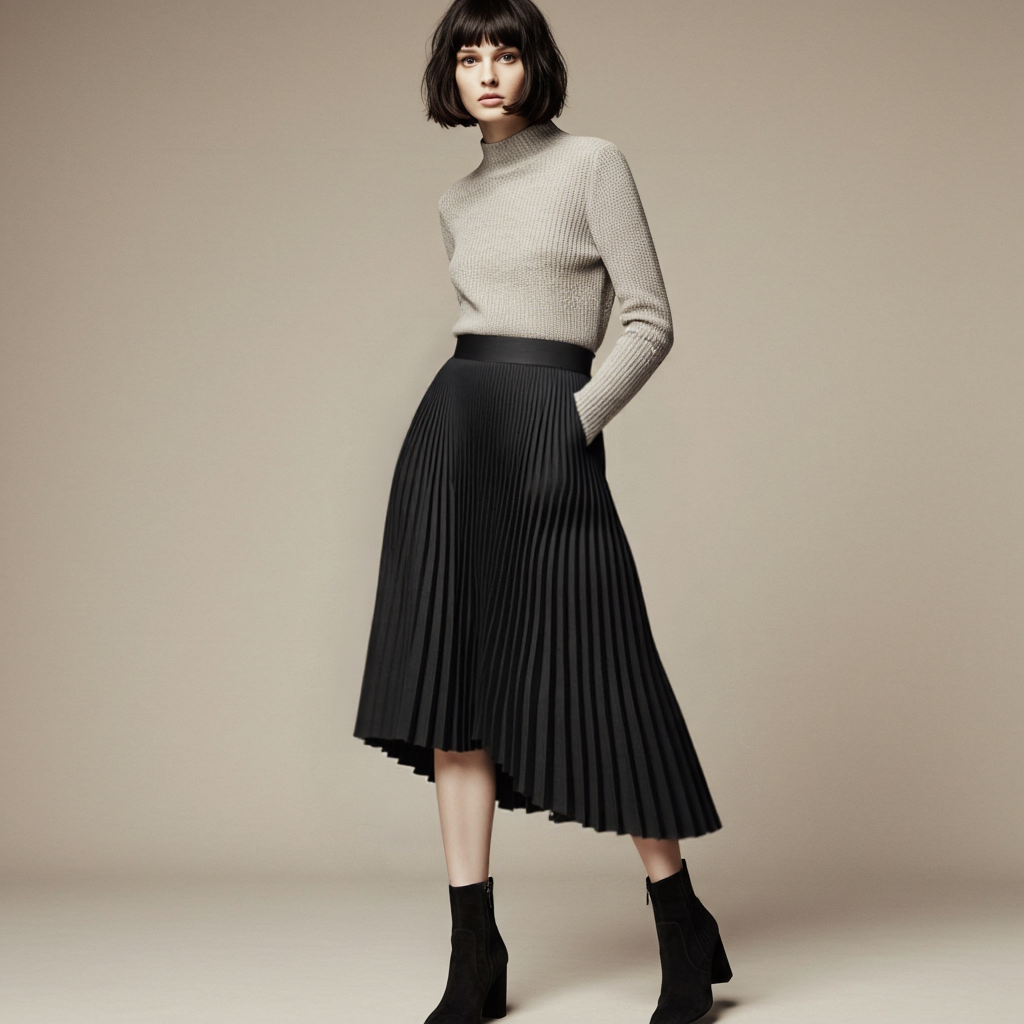 Evelyn Women's Black Pleated Midi Skirt | High Waist, Elegant Chic 2