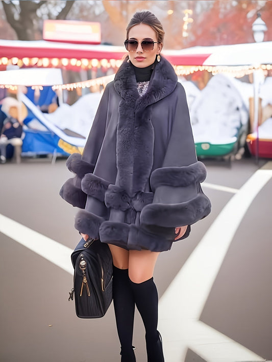 Fiona Women's Coat | Oversized Thermal Cape with Fuzzy Trim 1