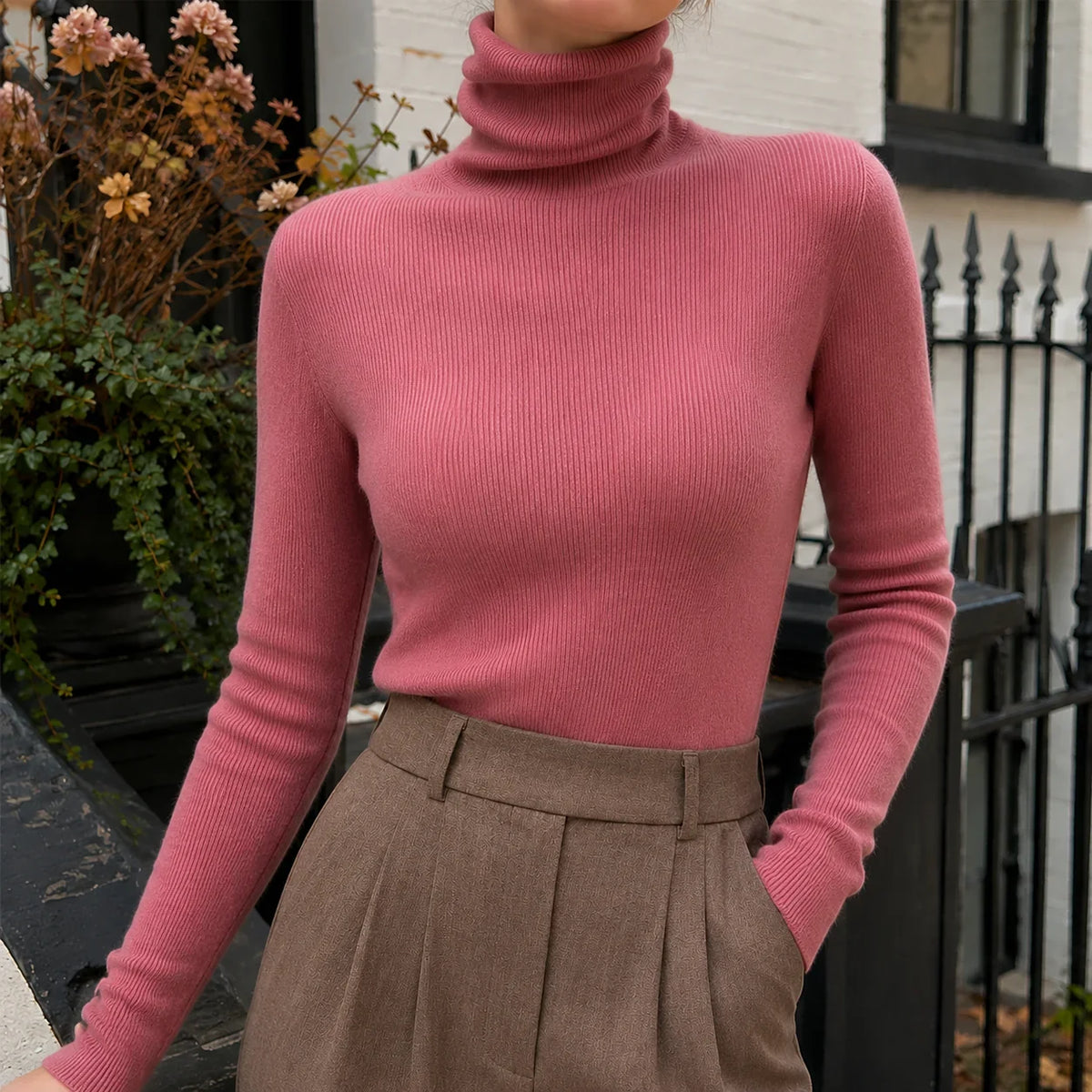 Fiora Women's Slim Fit Turtleneck Sweater | Fine Rib Knit, Buttoned Cuffs 2