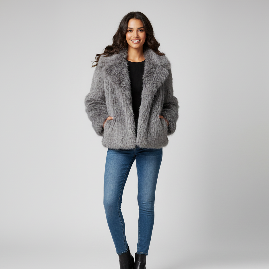 Luxurious plush women's winter coat with turn-down collar | Trendy short model