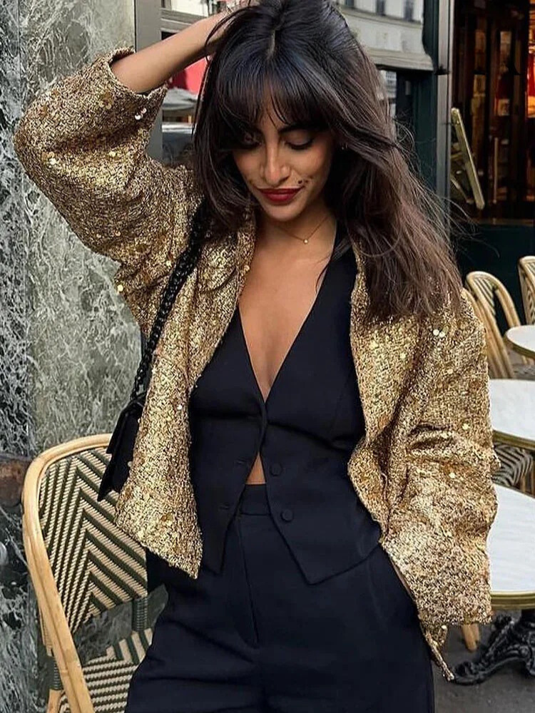 Gina Women's Jacket | Golden Sequins, Elegant Polyester