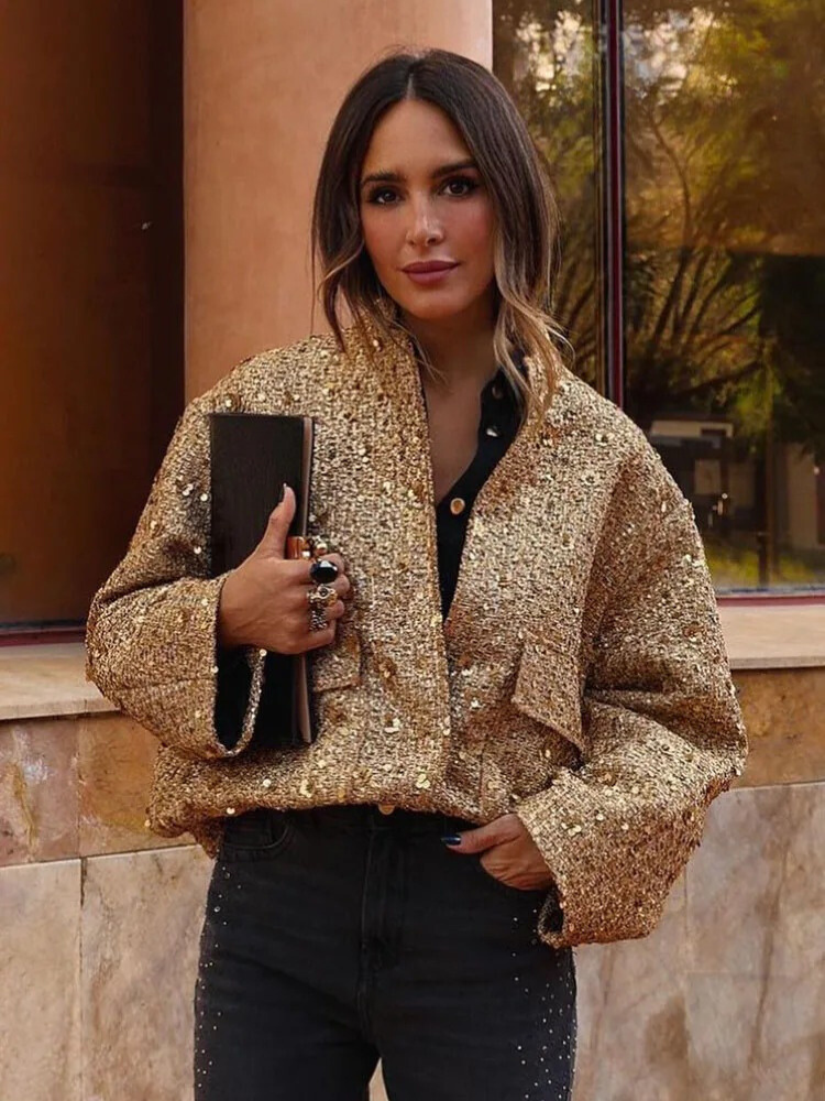 Gina Women's Jacket | Golden Sequins, Elegant Polyester