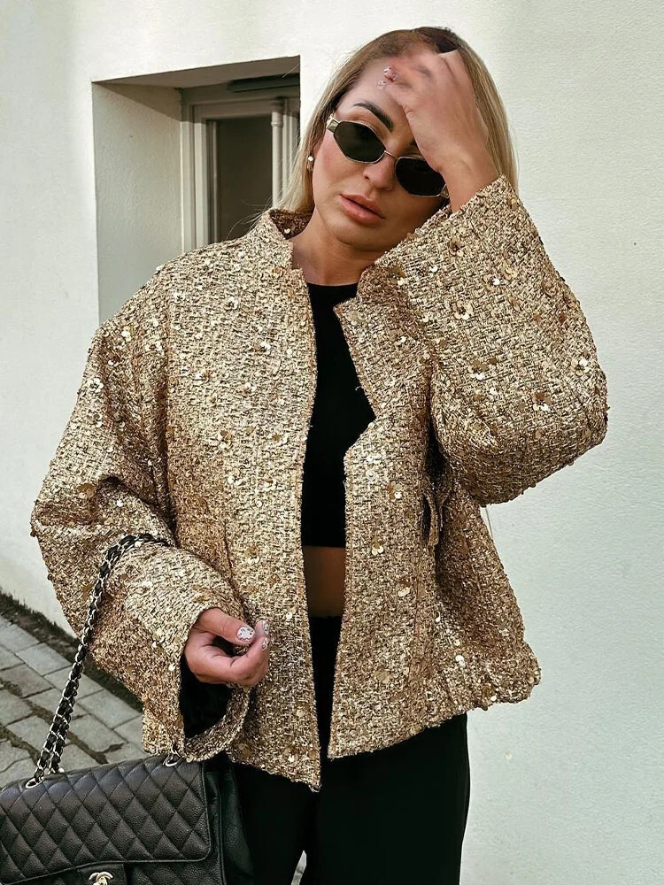 Gina Women's Jacket | Golden Sequins, Elegant Polyester