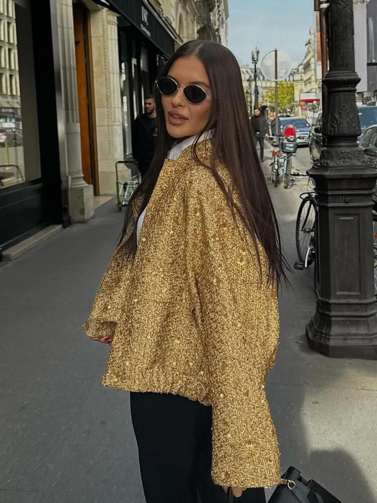 Gina Women's Jacket | Golden Sequins, Elegant Polyester