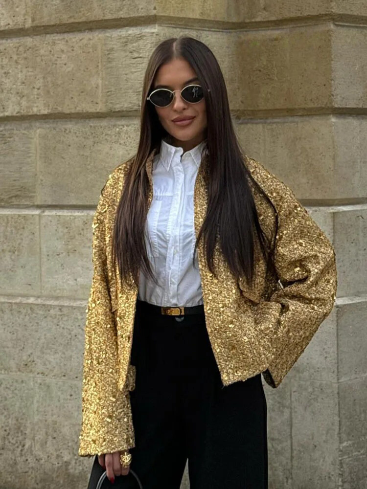 Gina Women's Jacket | Golden Sequins, Elegant Polyester