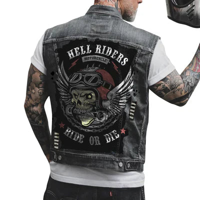 Havoc Men's Denim Vest | Sturdy Fabric, Motorcycle Print 0
