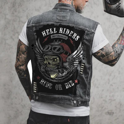 Havoc Men's Denim Vest | Sturdy Fabric, Motorcycle Print 1