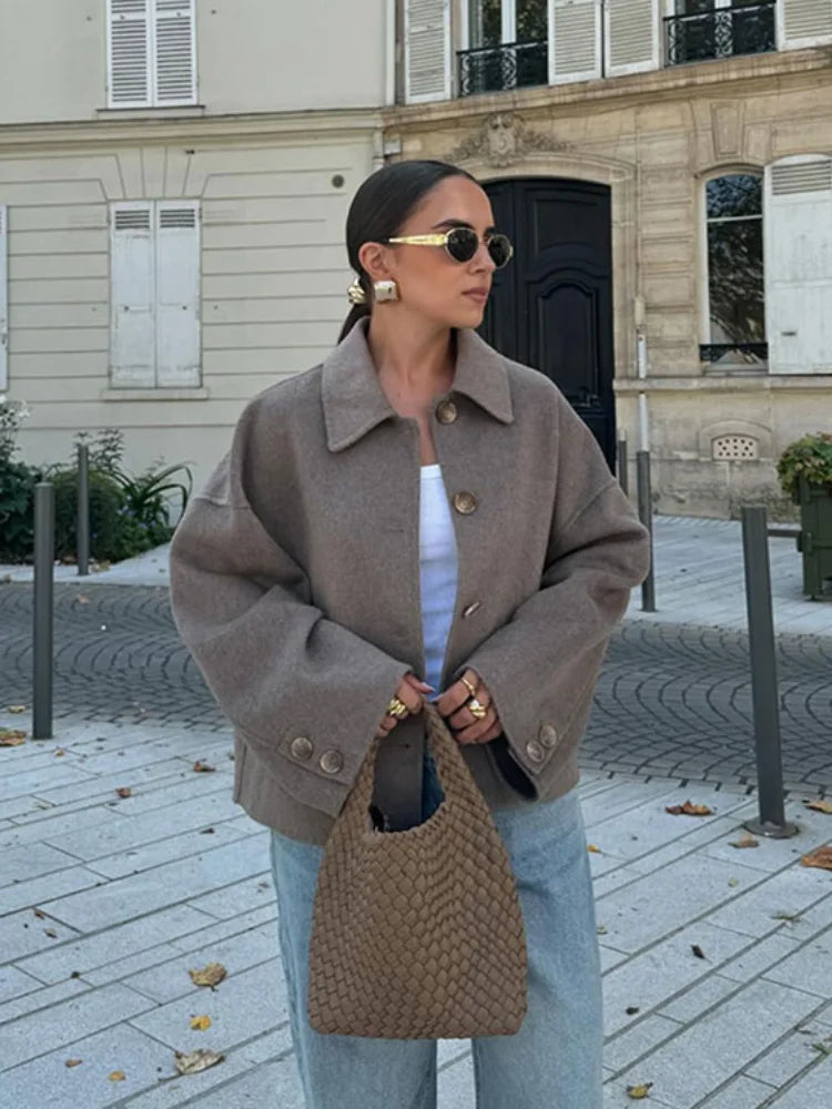 Hélené Women's Winter Coat | Wool Blend, Oversized Collar and Button Closure