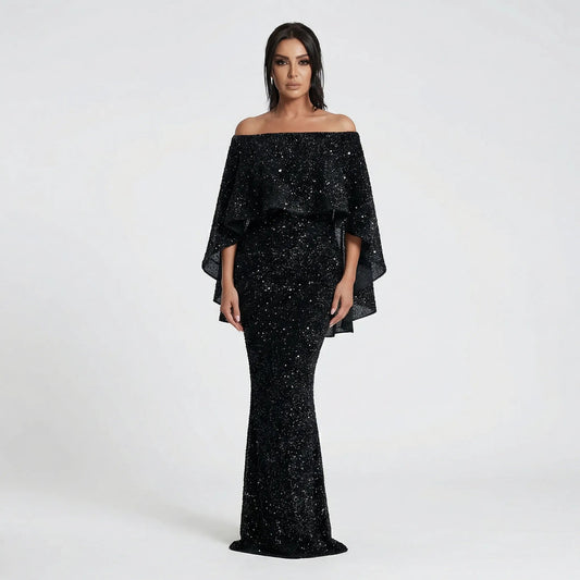 Jara Women's Black Maxi Dress | Off-the-Shoulder, Shimmering A-Line, Plus Size Available 0