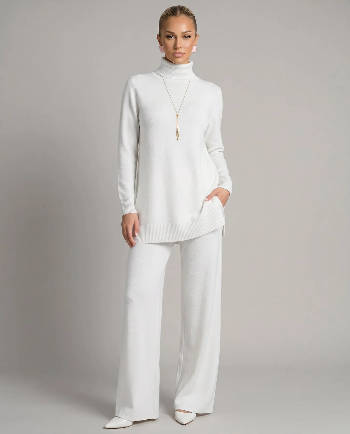 Kara Women's Knit Two-Piece Set | Turtleneck Top and Wide Leg Trousers 0