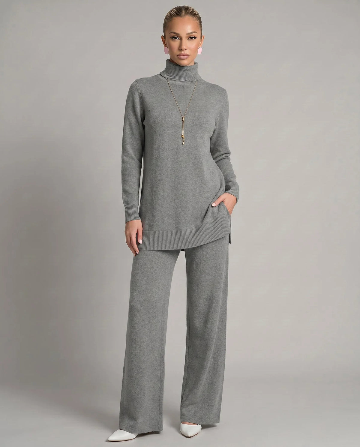 Kara Women's Knit Two-Piece Set | Turtleneck Top and Wide Leg Trousers 1