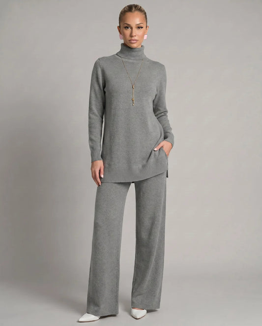 Kara Women's Knit Two-Piece Set | Turtleneck Top and Wide Leg Trousers 1
