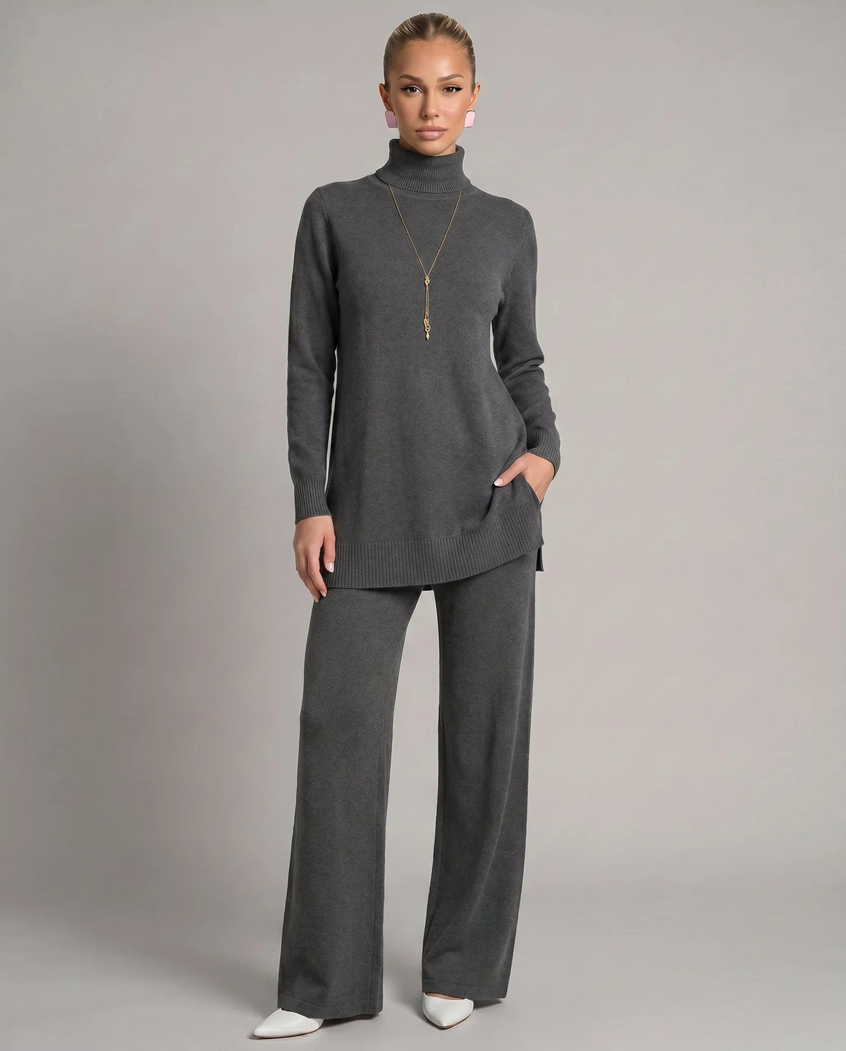 Kara Women's Knit Two-Piece Set | Turtleneck Top and Wide Leg Trousers 2