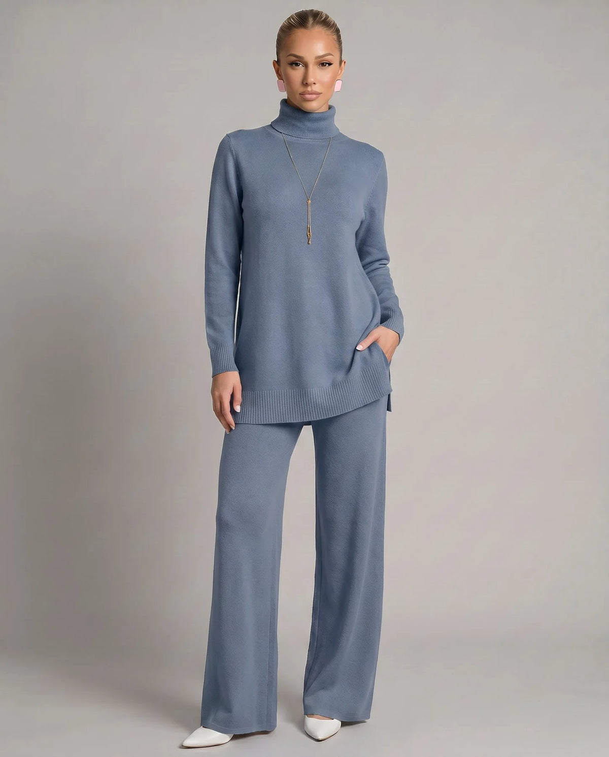 Kara Women's Knit Two-Piece Set | Turtleneck Top and Wide Leg Trousers 3