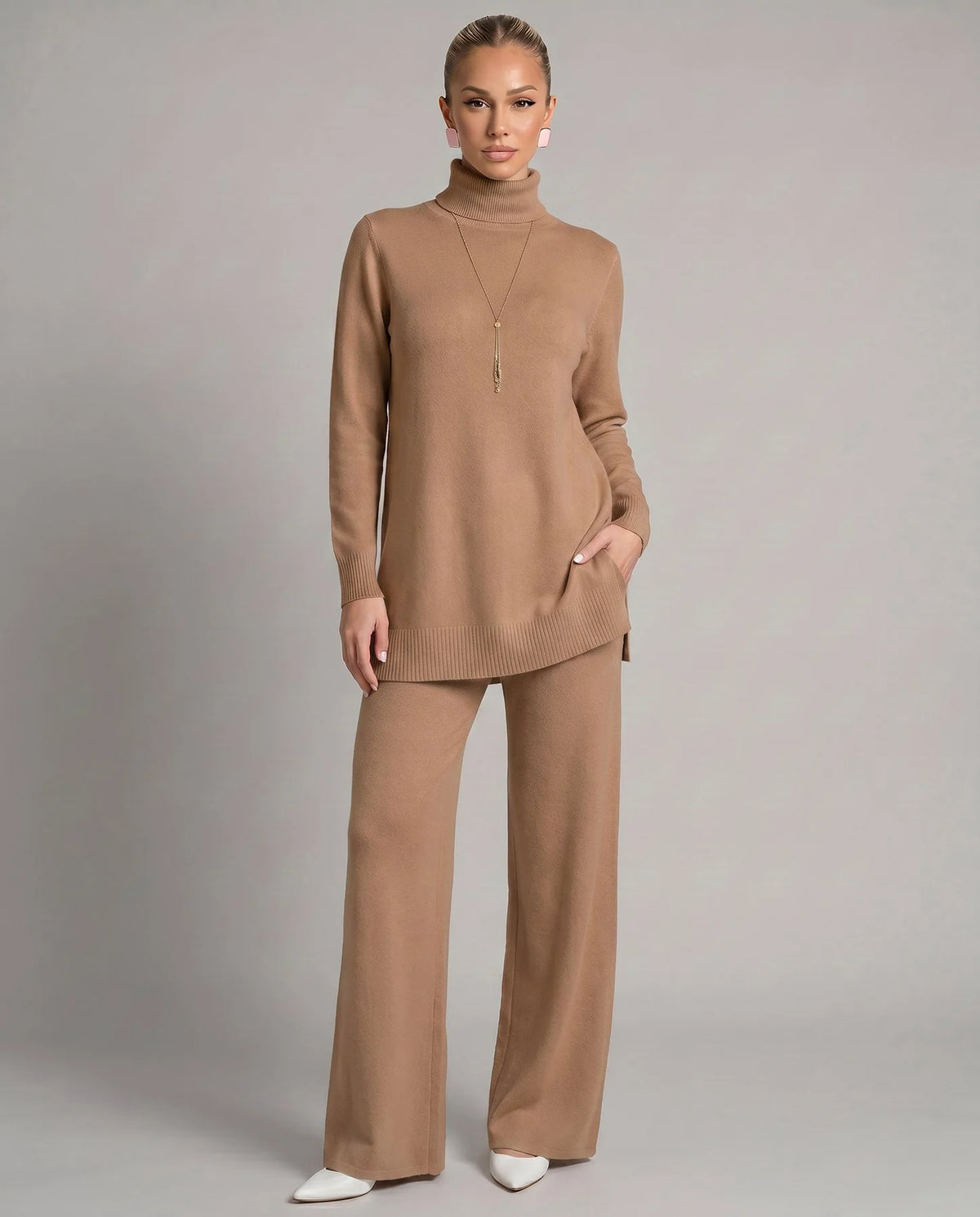 Kara Women's Knit Two-Piece Set | Turtleneck Top and Wide Leg Trousers 4
