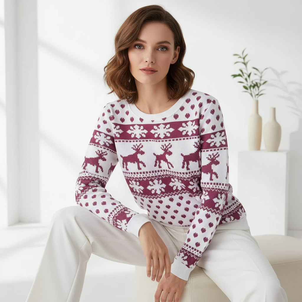 Kendra Women's Christmas Sweater | Knitted Fabric with Reindeer, Comfortable Fit