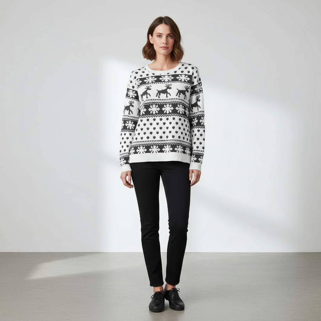 Kendra Women's Christmas Sweater | Knitted Fabric with Reindeer, Comfortable Fit