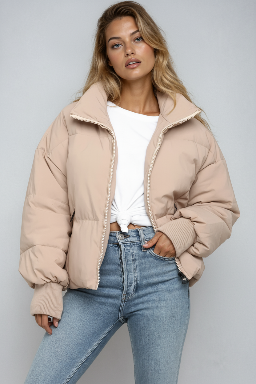 Short Quilted Women's Jacket with High Collar and Zipper – Trendy Puffer Jacket for Winter and Autumn