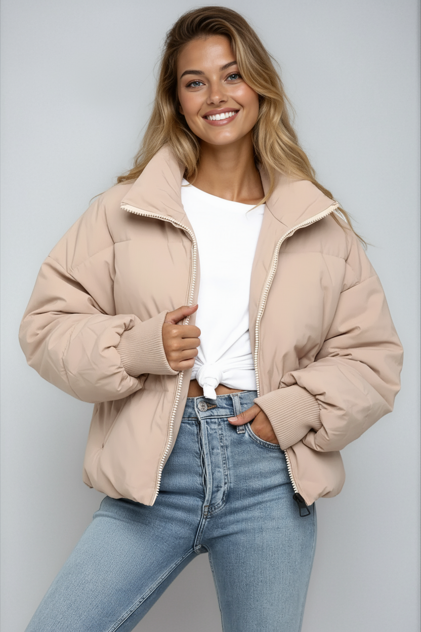 Short Quilted Women's Jacket with High Collar and Zipper – Trendy Puffer Jacket for Winter and Autumn