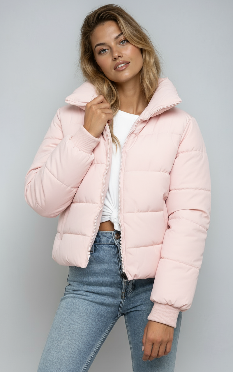 Short Quilted Women's Jacket with High Collar and Zipper – Trendy Puffer Jacket for Winter and Autumn