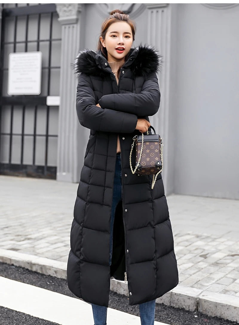 Lana Ladies Long Winter Coat | Luxurious Padded with Fur Collar, Comfortable