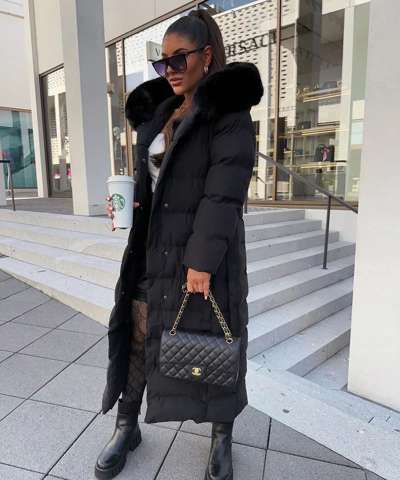 Lana Ladies Long Winter Coat | Luxurious Padded with Fur Collar, Comfortable